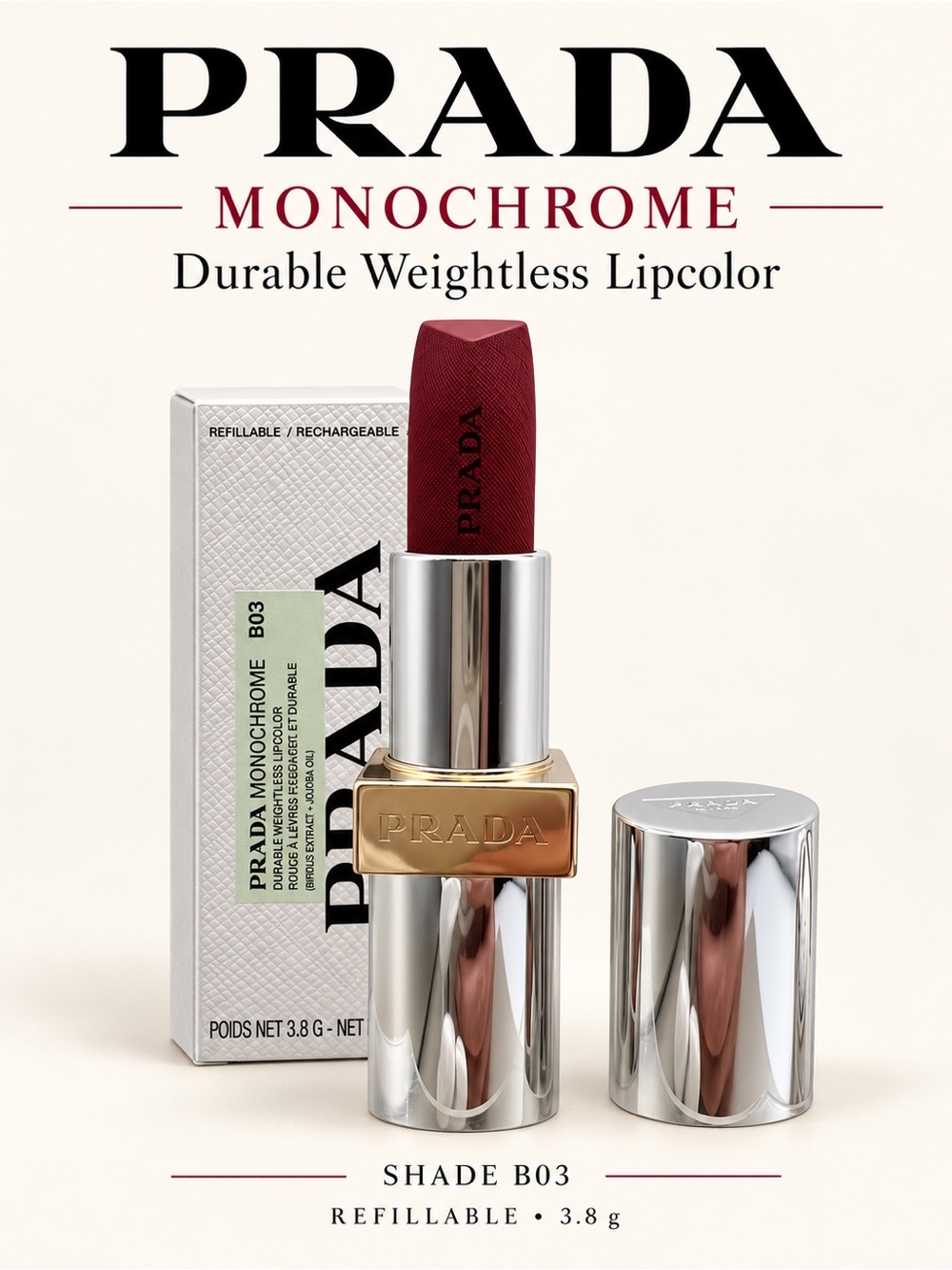 Prada Lipstick Monochrome Hyper Matte Refillable Lipstick B03 Mahogany NWOT $55